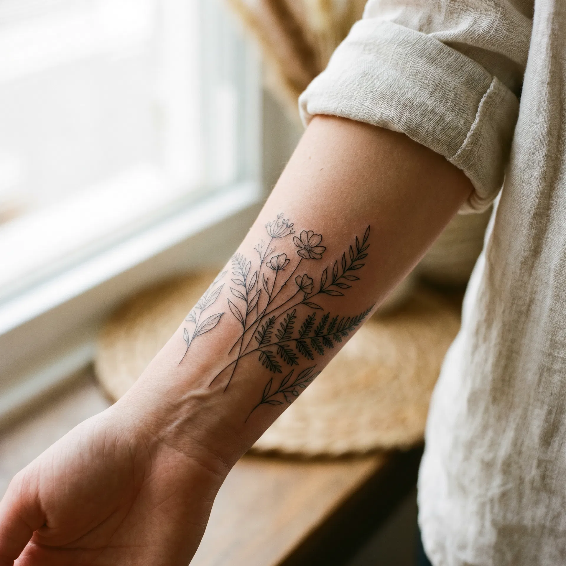 Fine line botanical tattoo on wrist