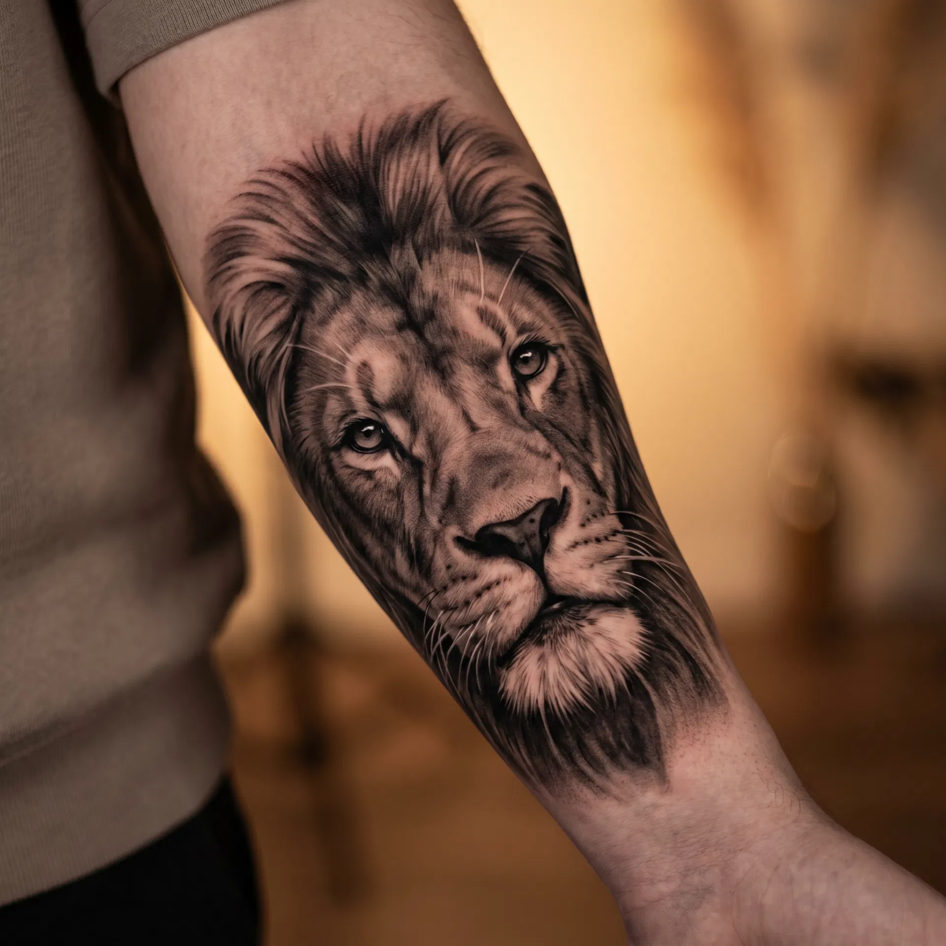 Realistic lion portrait tattoo