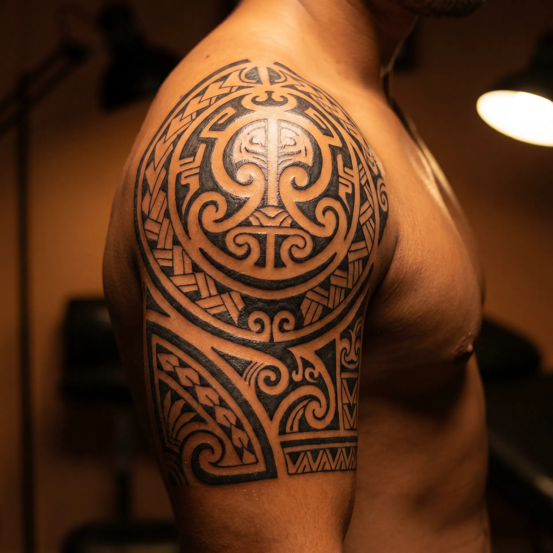 Polynesian tribal shoulder tattoo