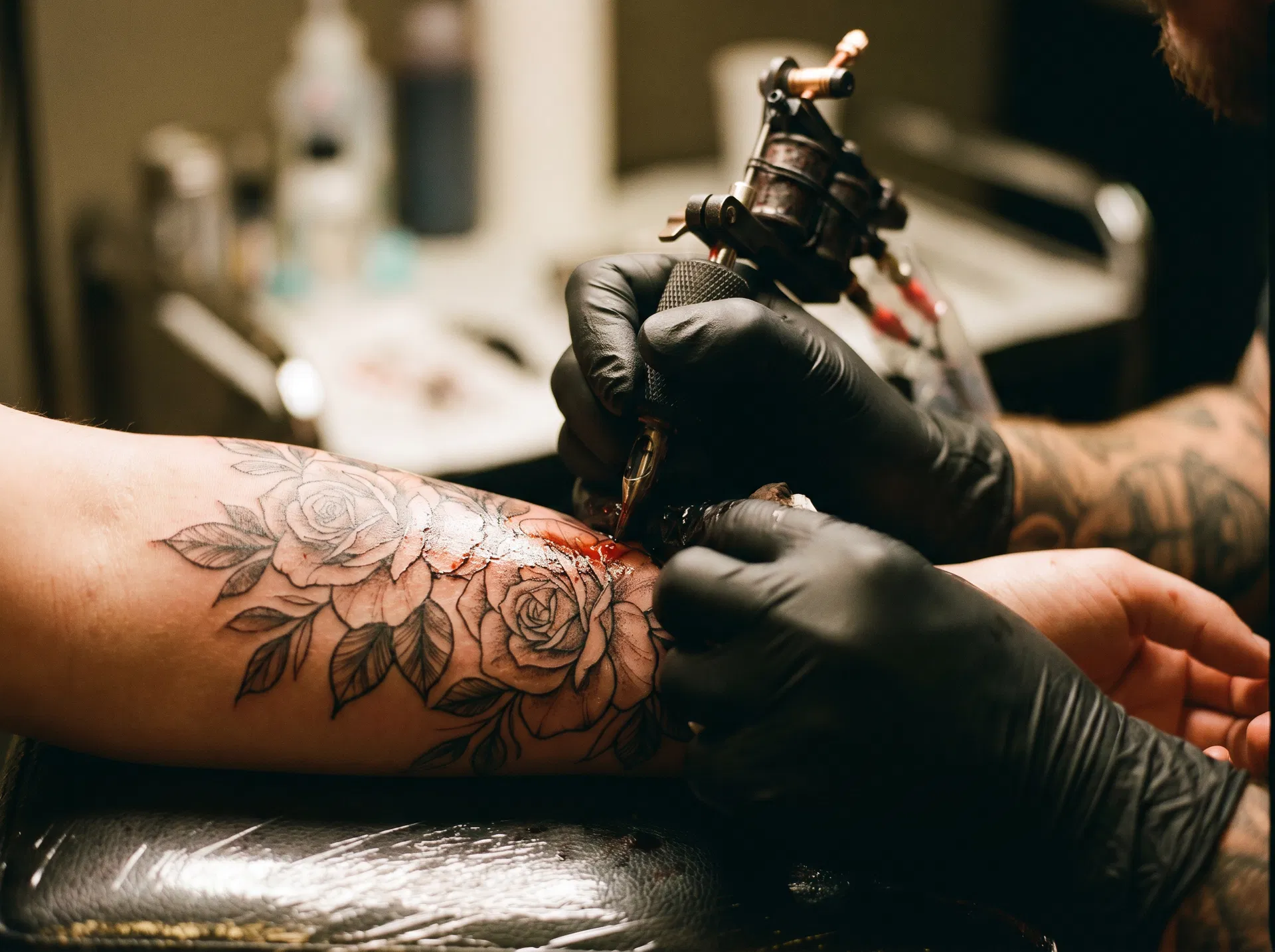 Professional tattoo artist at work creating a detailed floral design at READDY ANNNA studio